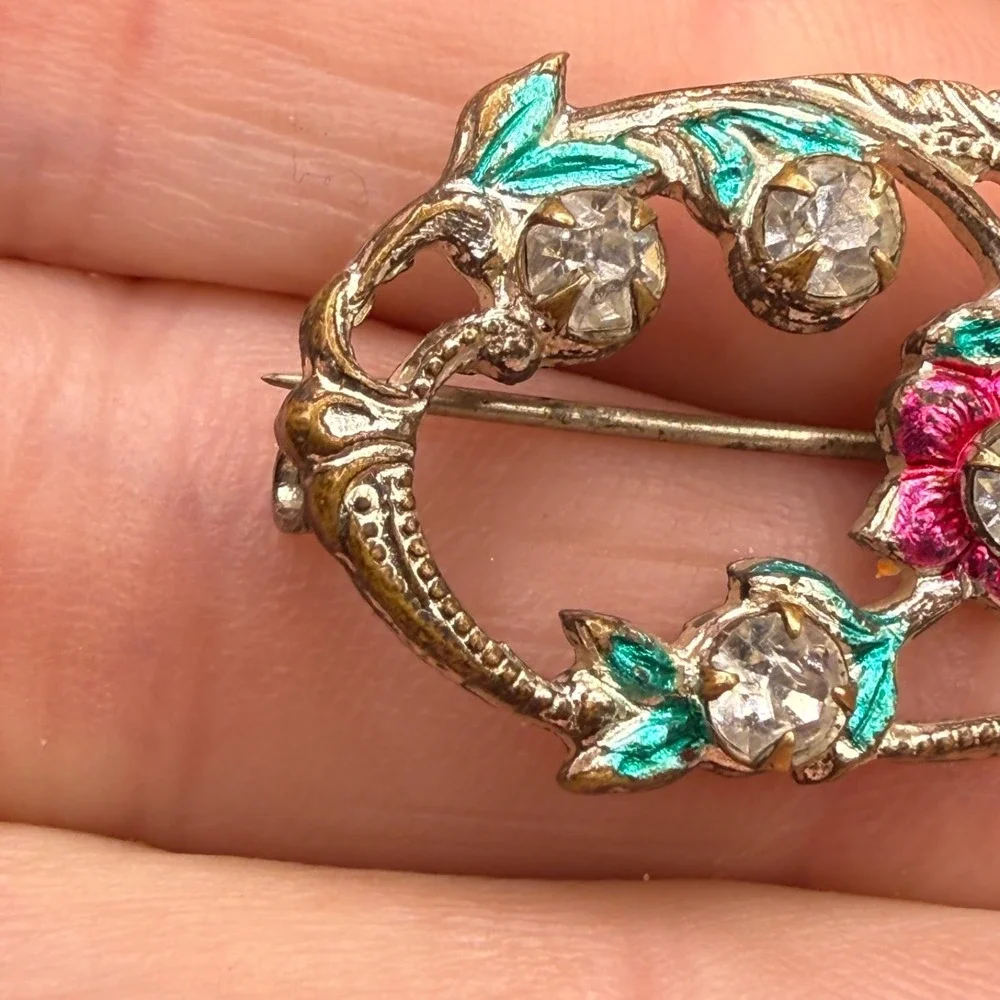Vintage Flower Brooch Silver Tone Rhinestone Enamel Paste